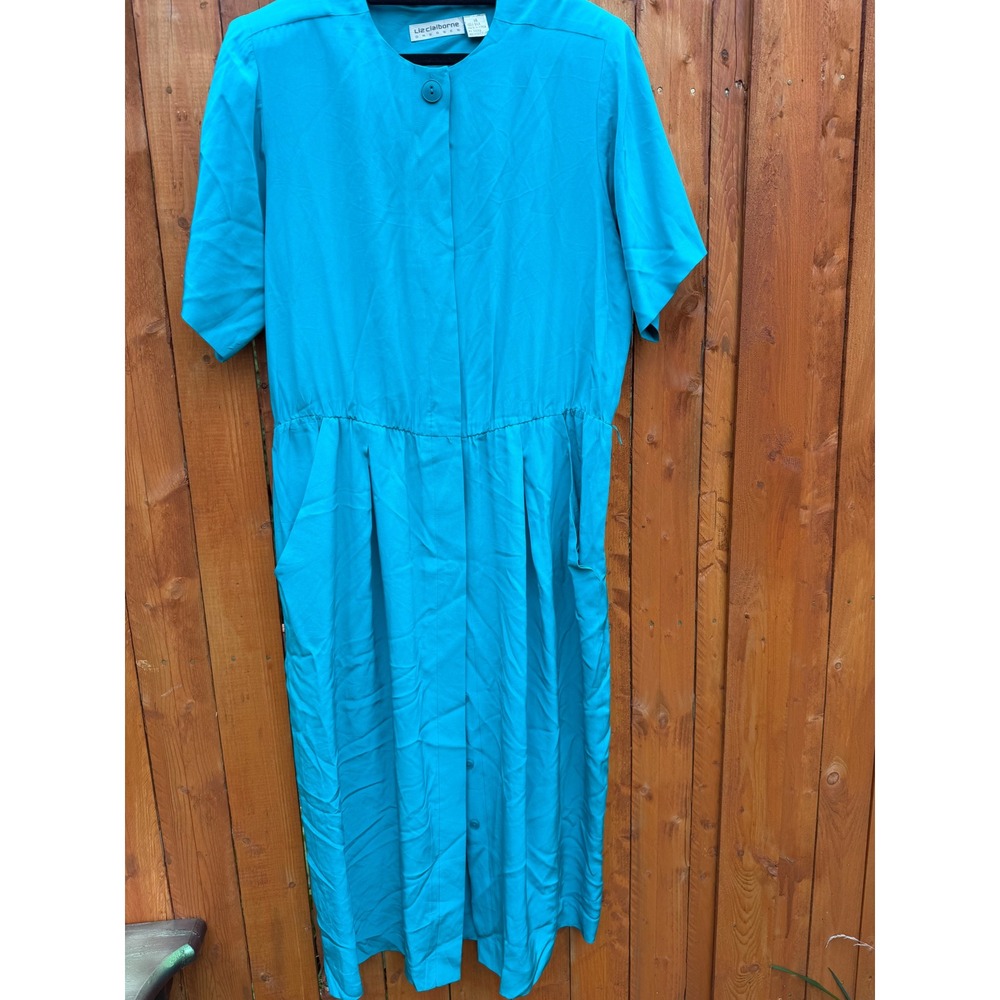 Liz Claiborne Vintage 100% Silk Turquoise Blue Button Front Midi Dress Size 14